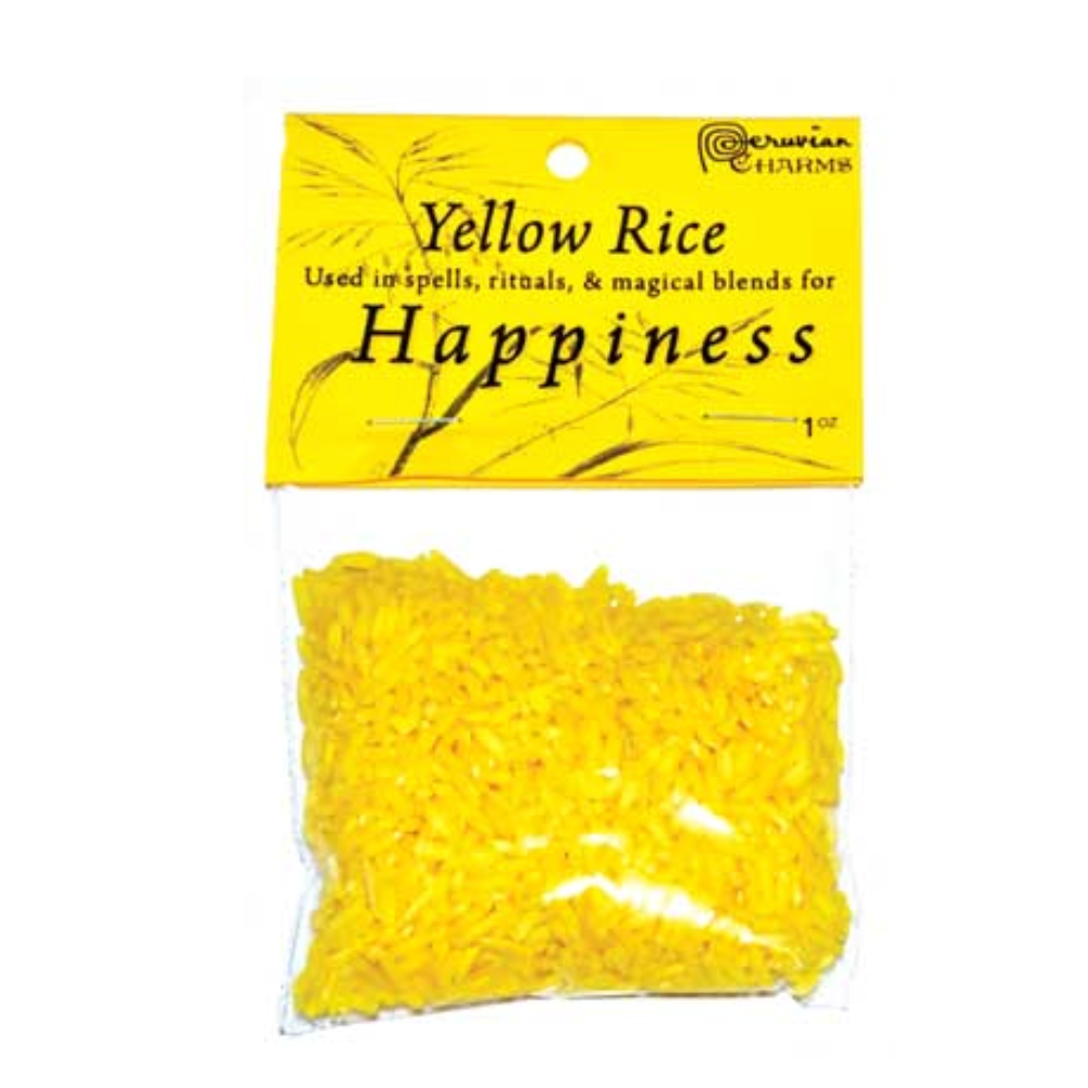 A 1oz bag of vibrant yellow rice labeled "Yellow Rice – Used in spells, rituals, & magical blends for happiness," ideal for positivity and joy-boosting rituals.