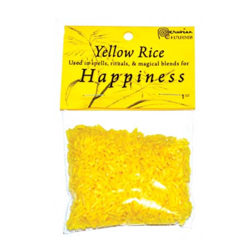 A 1oz bag of vibrant yellow rice labeled "Yellow Rice – Used in spells, rituals, & magical blends for happiness," ideal for positivity and joy-boosting rituals.
