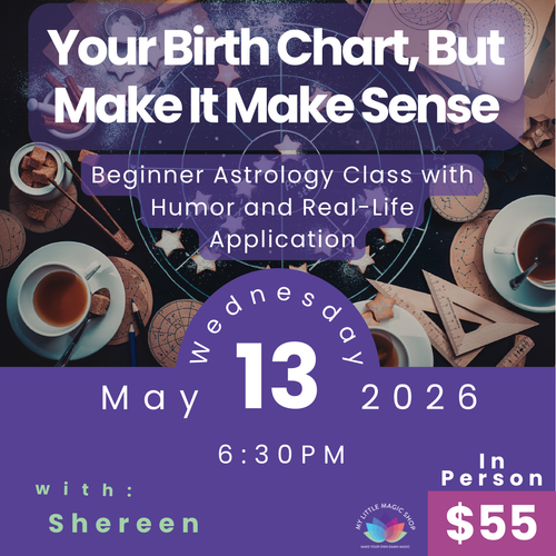 Promotional flyer for a beginner astrology class with astrological symbols and tea cups on a dark background.