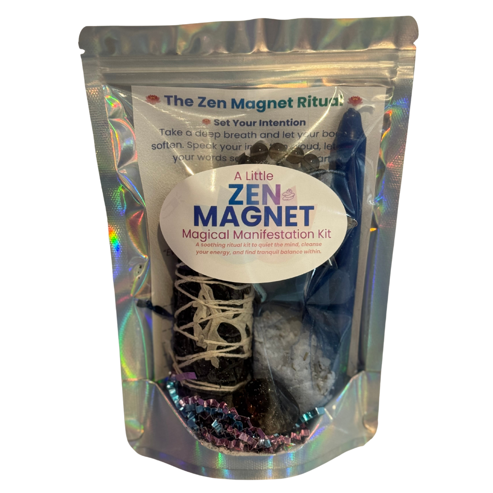 Zen Magnet Kit with blue candle, Yin Yang sage stick, Smoky Quartz crystal, and Smoky Quartz bracelet on a white background.