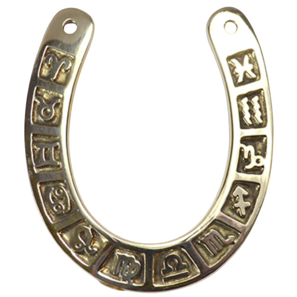 Zodiac Horseshoe with engraved astrological symbols, combining celestial luck and ancient protection charm.