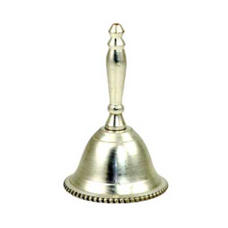 Unadorned silver-plated altar bell measuring 2½ inches tall with a 1¾ inch base, ideal for rituals and energy cleansing.