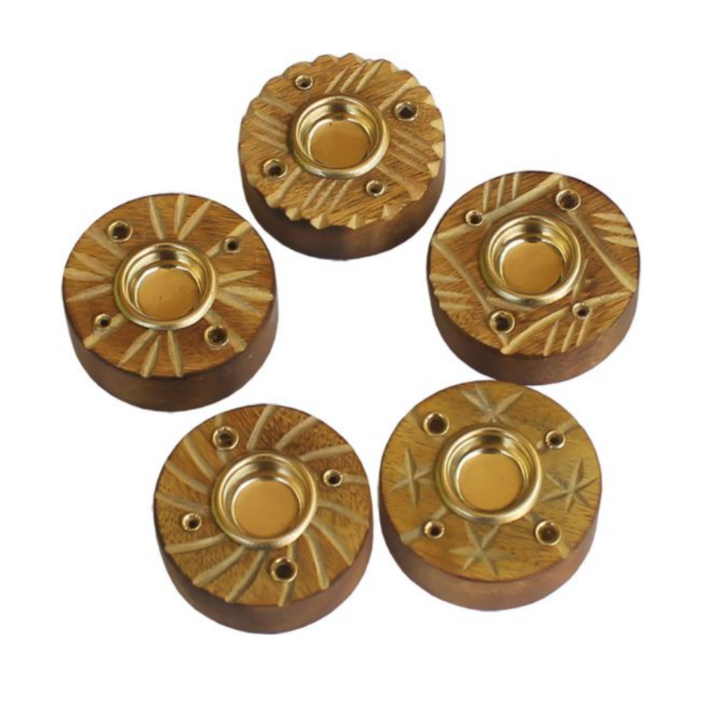 Assorted wood incense holder with mystical carvings, suitable for cone or stick incense—perfect for ritual use and everyday magic.

