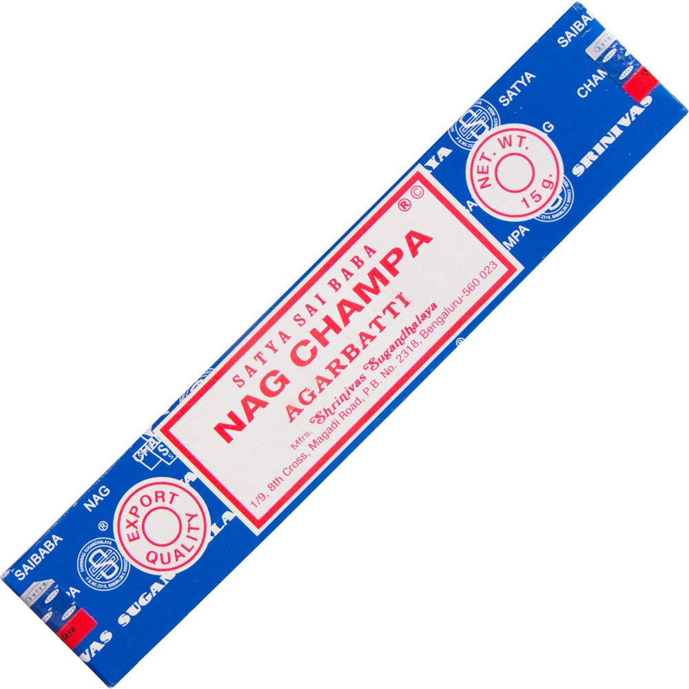 A pack of Satya Sai Baba Nag Champa Agarbatti Incense Sticks with blue and red label.