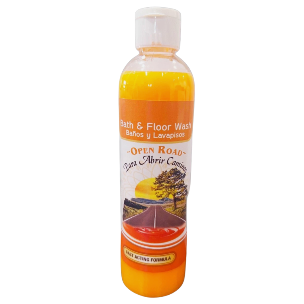 Bottle of 'Open Road' bath and floor wash on a white background