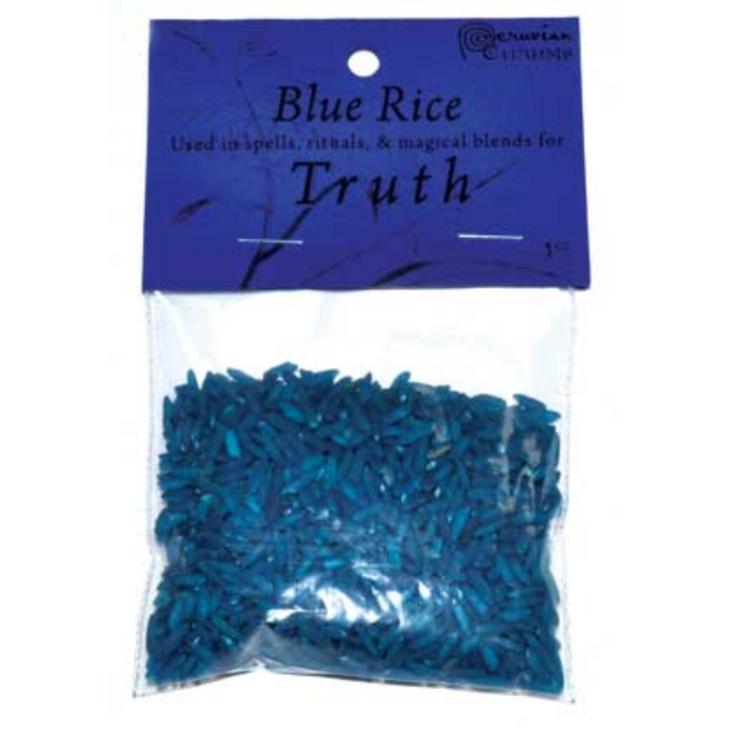 Blue rice in a clear bag with a blue label on a white background; dyed rice for honesty, clarity, communication, and truth spells