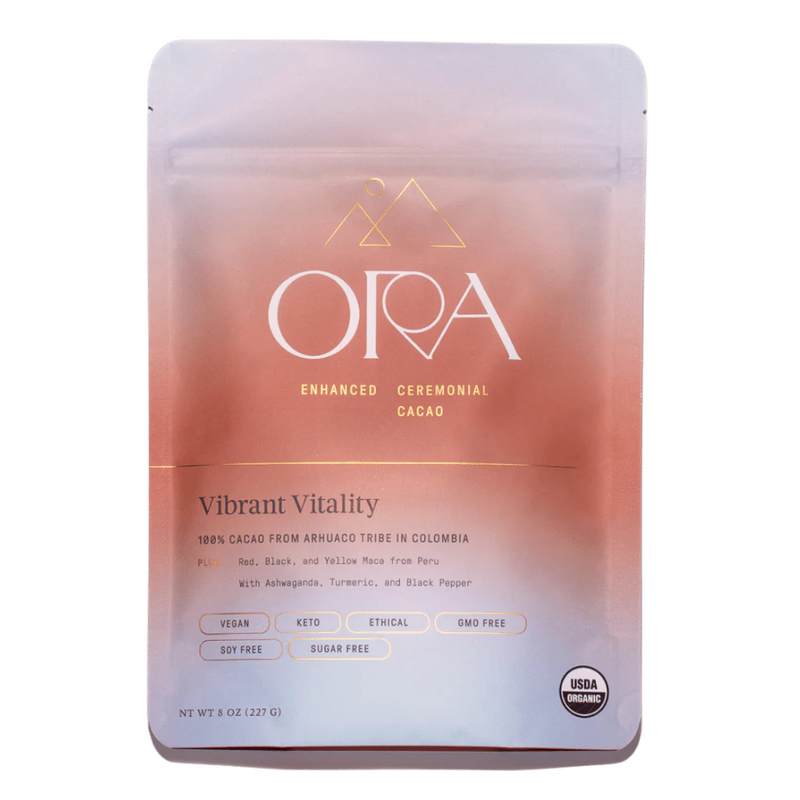 Vibrant Vitality 100% Ceremonial Cacao by Ora Cacao – ethically sourced cacao blend with maca and turmeric, perfect for spiritual rituals, heart-opening, and daily energy.