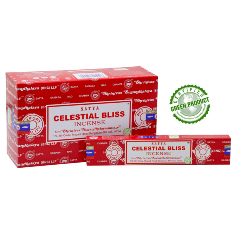 Box of Satya Celestial Bliss Incense Sticks (15 g), hand-rolled floral Nag Champa aroma promoting relaxation, clarity, and spiritual ritual.