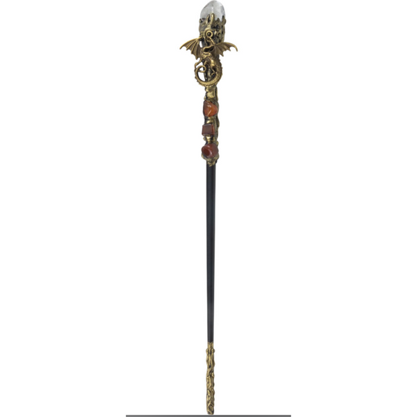 Clear quartz crystal-tipped magick wand with a gold dragon talisman—symbolizing clarity, strength, and protective transformation.
