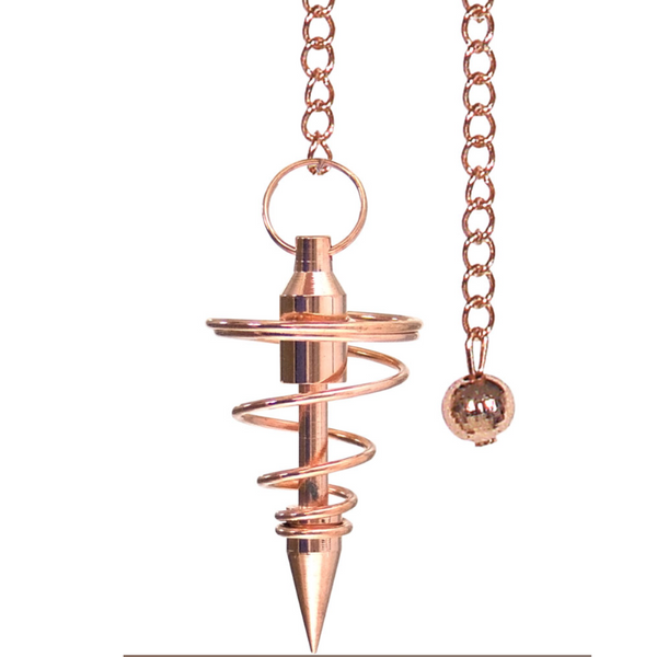 Copper-plated brass pendulum featuring a golden spiral design and copper bead on a ~10″ chain—used for divination, chakra scanning, and energy tuning.