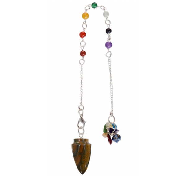 Curved tiger eye pendulum with seven chakra crystal chips on a silver-tone chain—designed for divination, grounding, and energetic clarity.