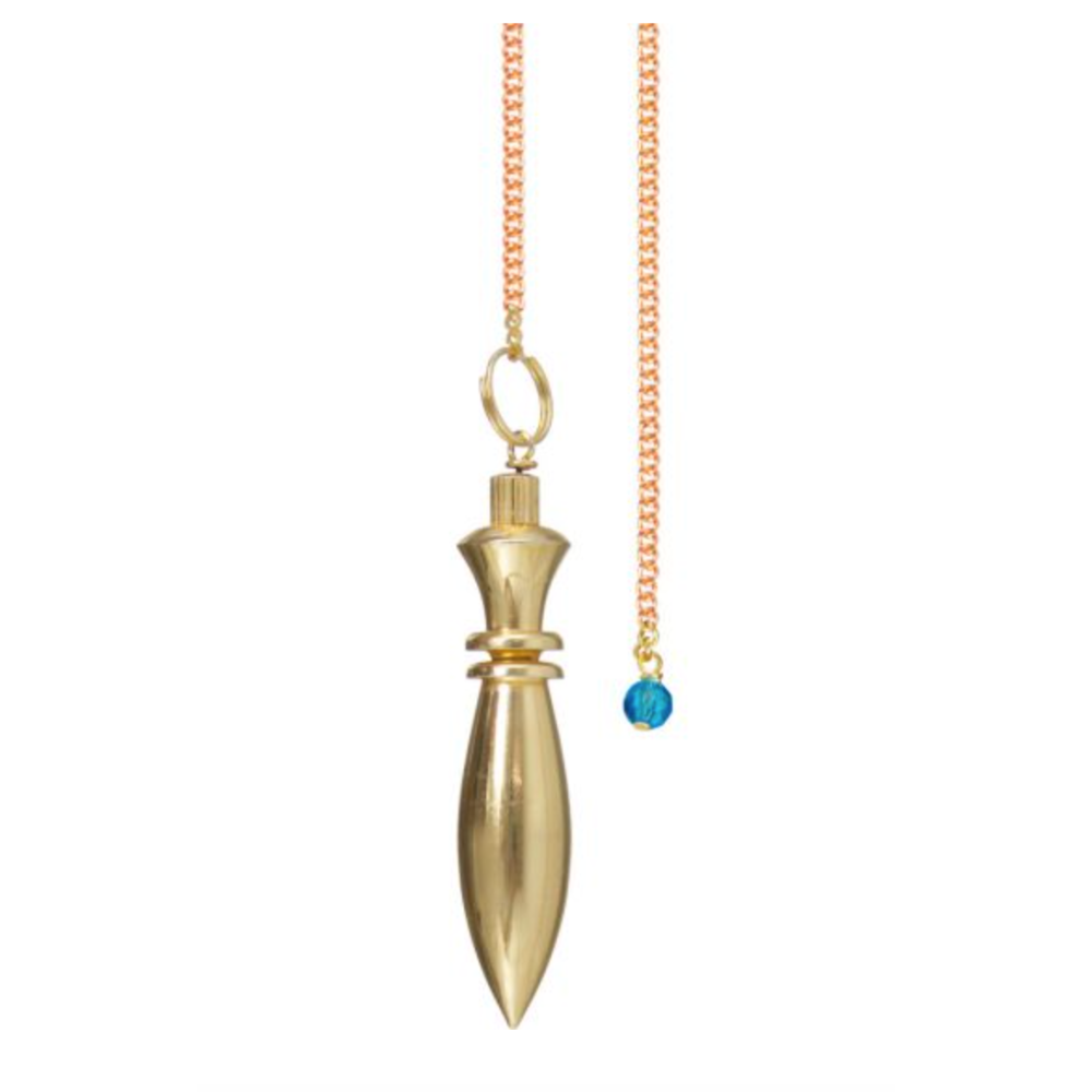 Chambered Egyptian-style brass pendulum on a silver-tone chain, used for divination, chakra scanning, and spiritual focus.