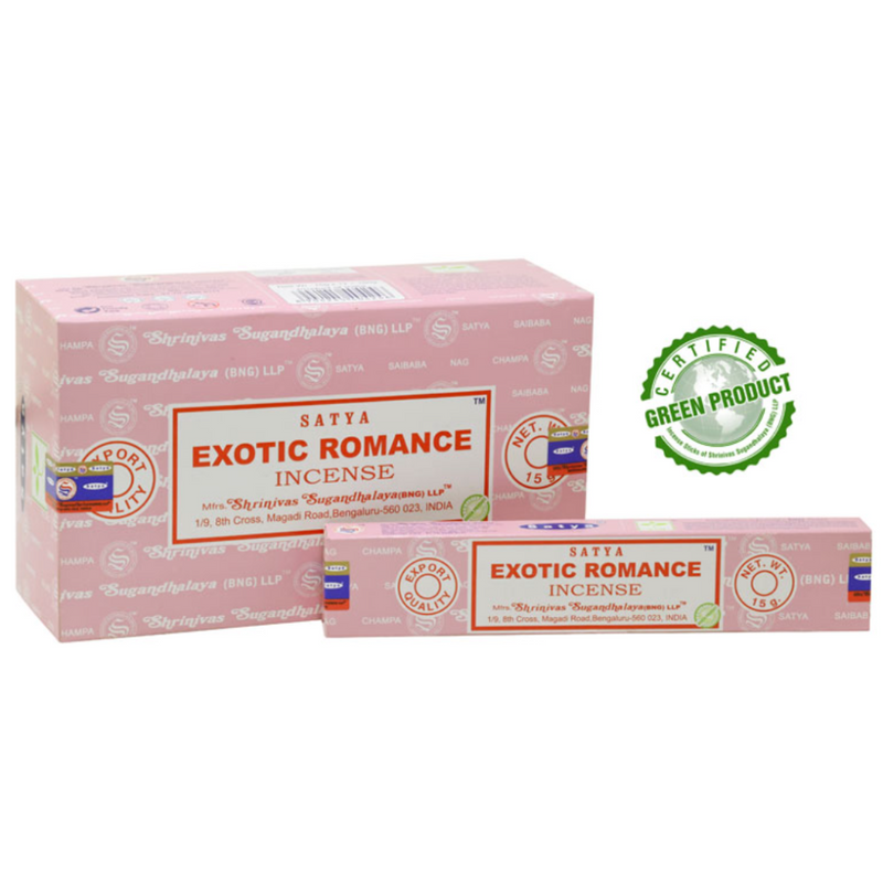 Box of Satya Exotic Romance incense sticks, featuring lush floral spice fragrance—designed to enhance ritual intimacy, creative spark, and joyful ambiance.