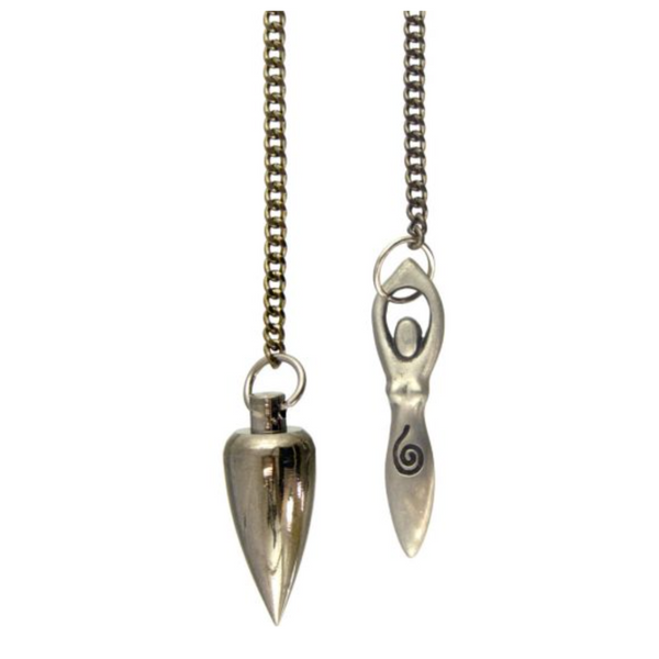 Nickel‑plated metal pendulum featuring a spiral goddess‑cone on one end and a tapered point on the other, perfect for divination and chakra work.