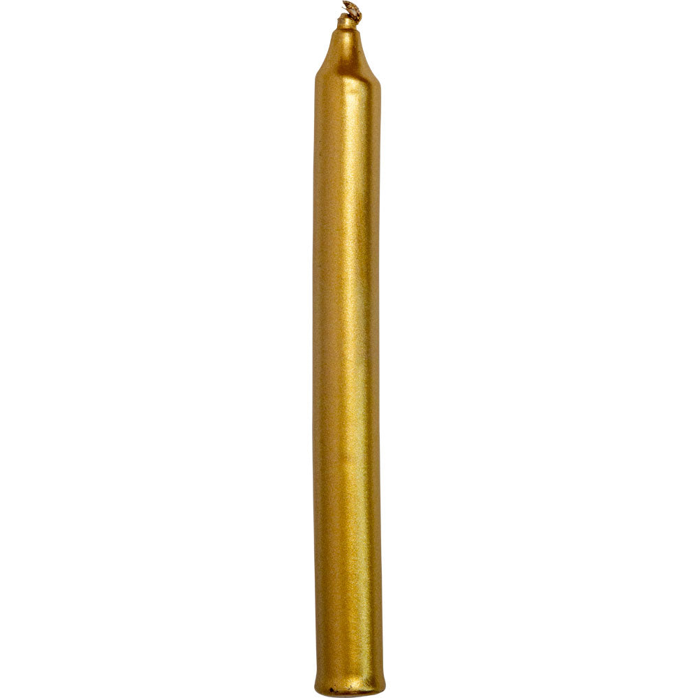 A single gold colored taper candle