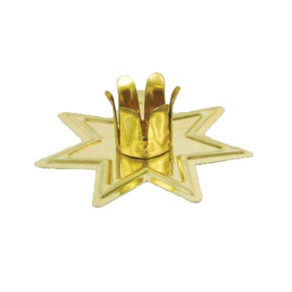 A gold metal ritual candle holder with a star shape.