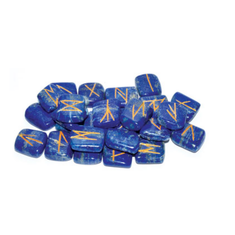 Lapis Lazuli Rune Set – 25-piece blue gemstone divination set with gold-etched Elder Futhark runes for spiritual insight and clarity.