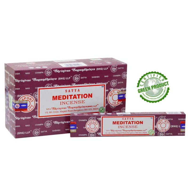Box of Satya Meditation incense sticks, earthy-floral scented, hand-rolled masala style—used to support meditation, ritual clarity, and mindful presence.