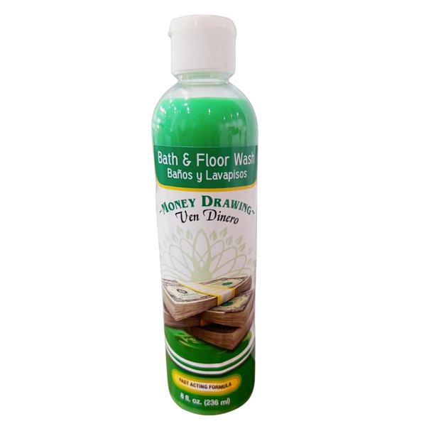 Bottle of bath and floor wash with green label on a white background