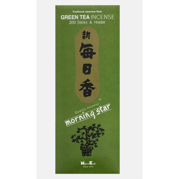Morning Star Green Tea incense sticks box—200 bamboo-free sticks with ceramic tile holder, offering a clean, refreshing aroma for ritual and relaxation.