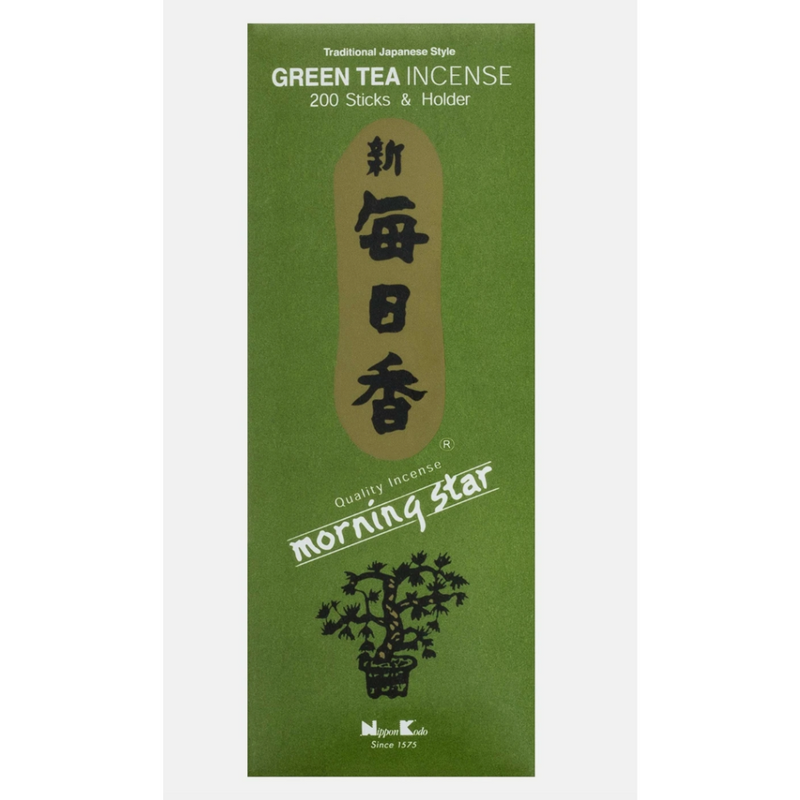 Morning Star Green Tea incense sticks box—200 bamboo-free sticks with ceramic tile holder, offering a clean, refreshing aroma for ritual and relaxation.