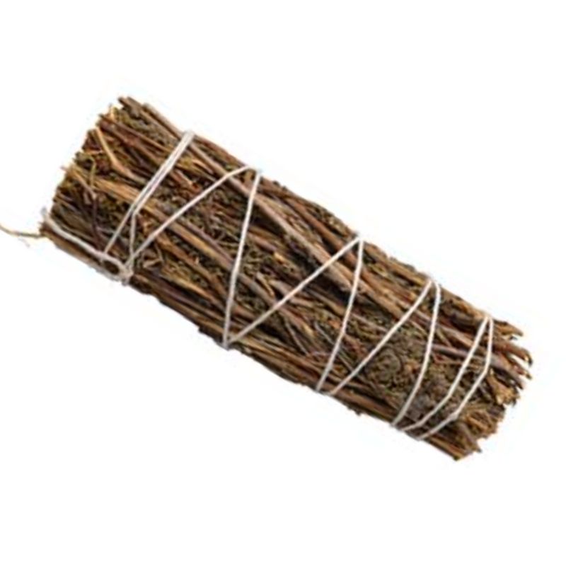 A smudge stick made of dried mugwort bound with string.