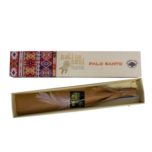 Box of Native Soul Palo Santo Incense Sticks by Green Tree, wrapped in sacred design packaging—used for energy cleansing, grounding, and spiritual rituals.

