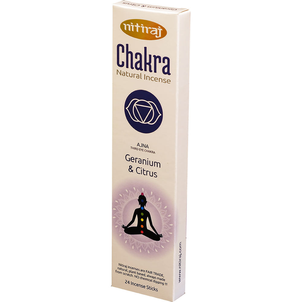Nitiraj Third Eye Chakra (Ajna) Incense Sticks, designed to enhance intuition, clarity, and spiritual insight during meditation and energy healing.

