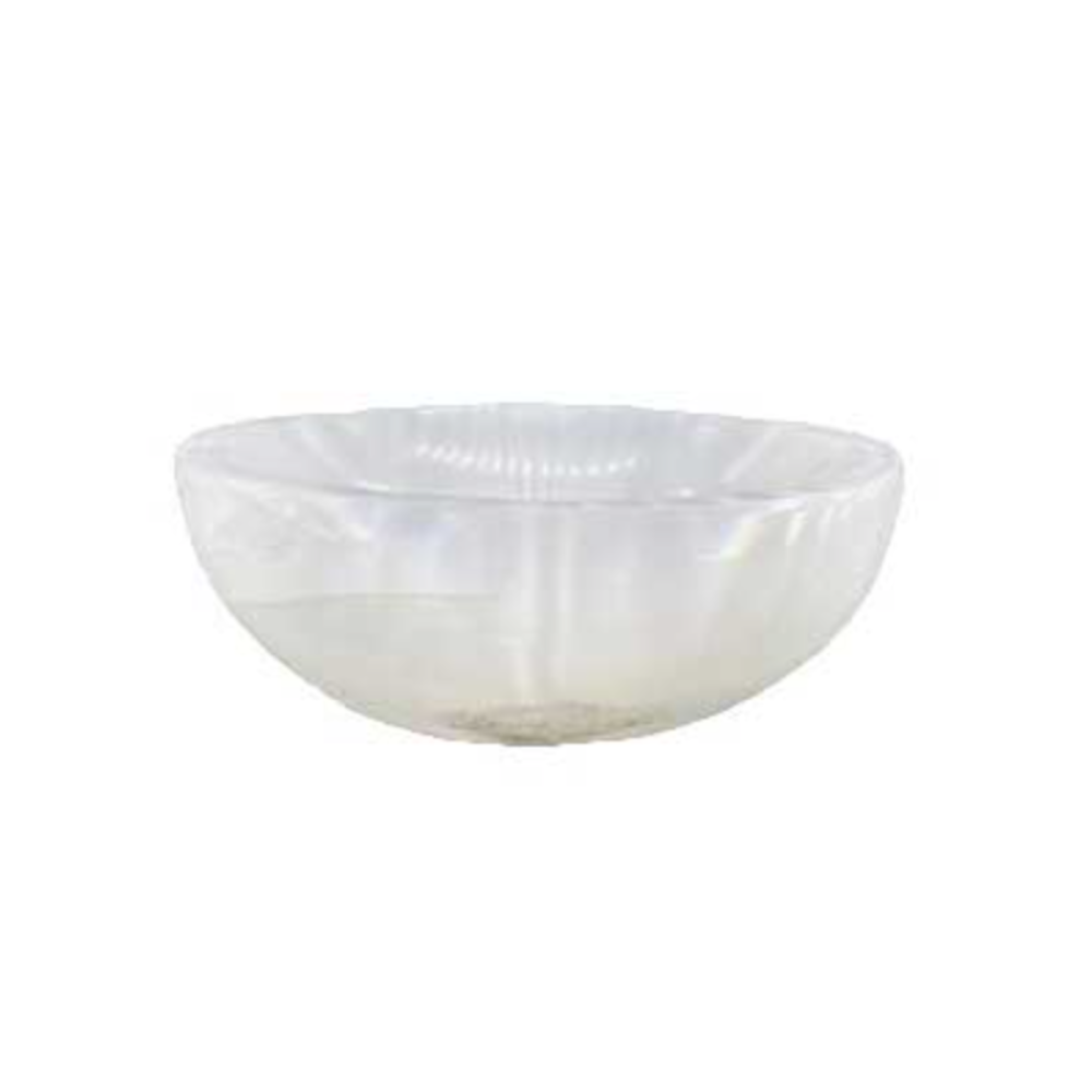 Oval selenite bowl with a soft white glow, used for crystal cleansing, energy clearing, and spiritual rituals.