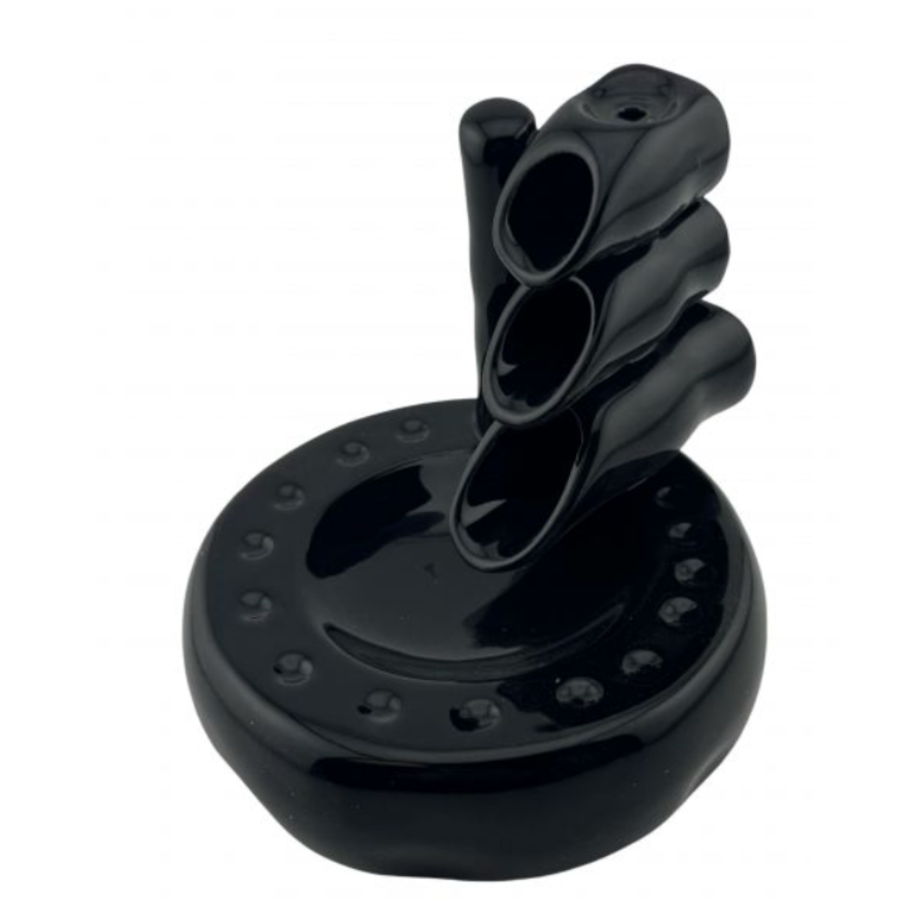 Ceramic Pan Pipe backflow incense burner with tiered tubes, releasing a serene, cascading smoke waterfall—used in meditation, ritual, and atmosphere creation.