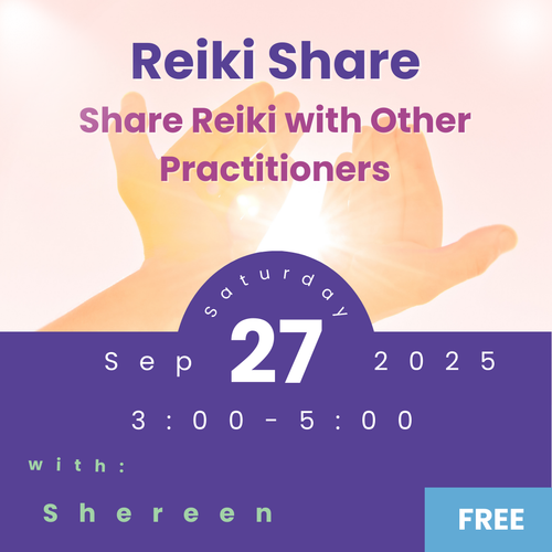 Promotional flyer for Reiki Share event with hands reaching out, date, time, and organizer text.
