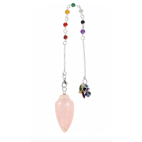 Curved rose quartz crystal pendulum with a chain of seven chakra stones on a silver-tone chain—designed for heart-centered divination and energetic alignment