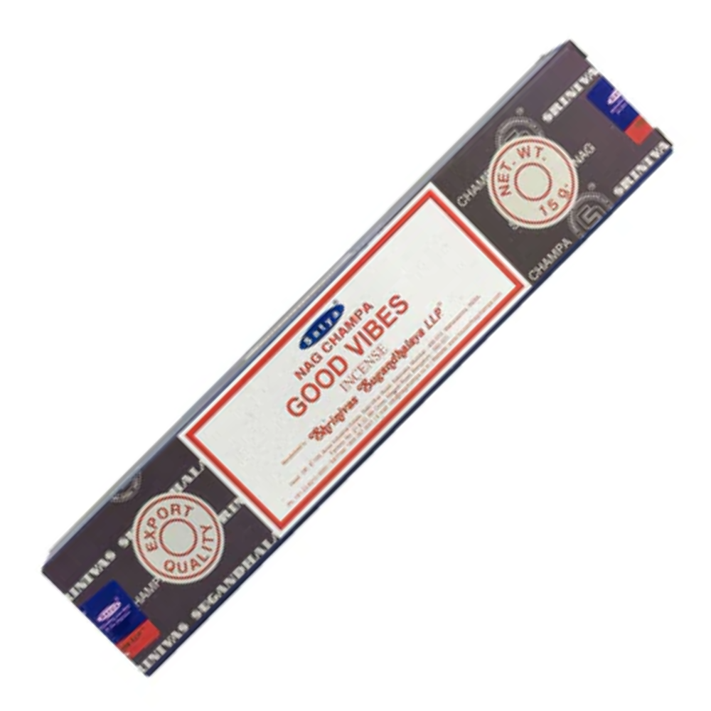 Box of Satya Good Vibes Incense Sticks—hand-rolled, spiritually uplifting, and perfect for everyday positive energy and ritual use.

