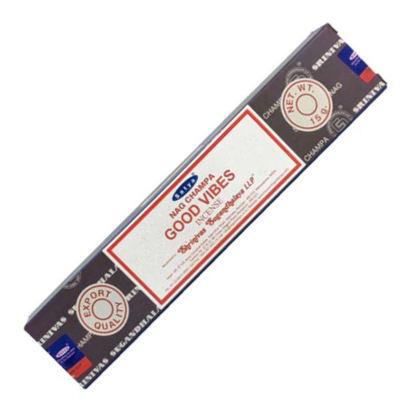 Box of Satya Good Vibes Incense Sticks—hand-rolled, spiritually uplifting, and perfect for everyday positive energy and ritual use.

