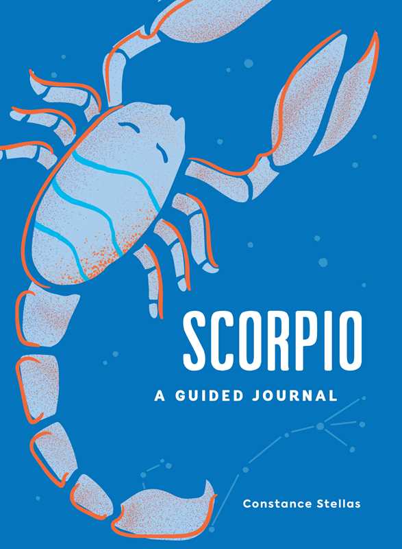 A guided journal cover featuring a stylized illustration of a Scorpio with blue and orange accents on a blue background, titled 'Scorpio' by Constance Stellas.