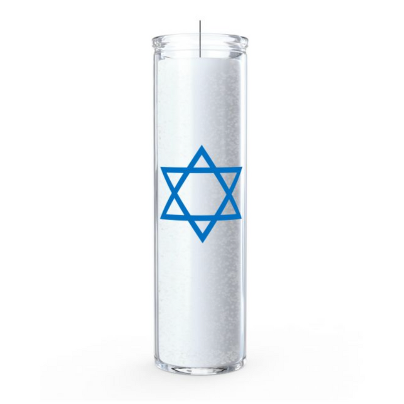 White 7-day Star of David ritual candle in glass jar, styled with crystals and incense for divine protection and spiritual connection.

