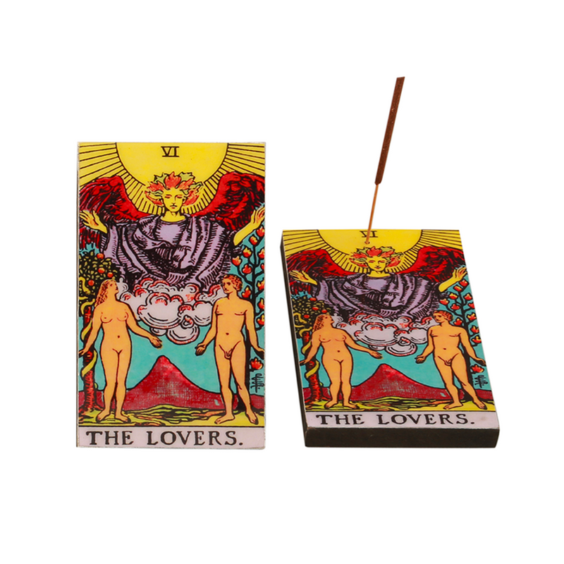 Ceramic incense stick holder featuring The Lovers Tarot card—symbolic altar decor for love, balance, and sacred union.

