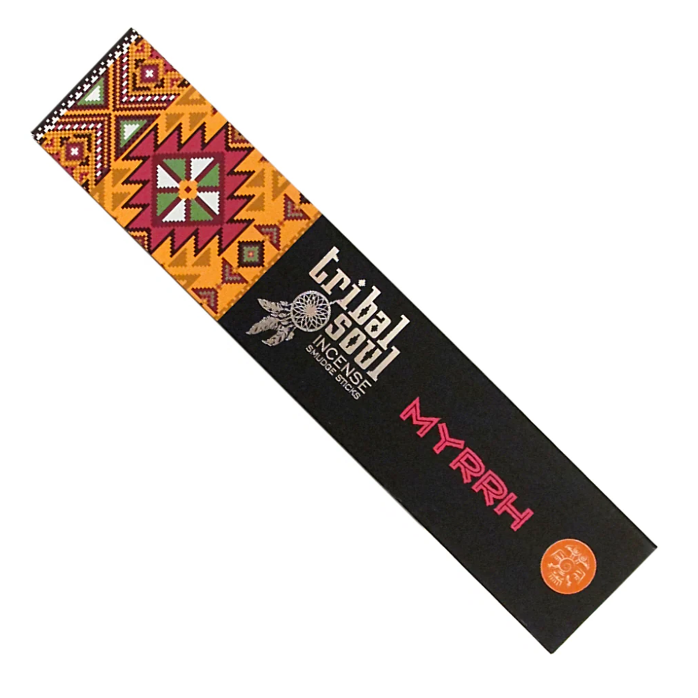 Box of Tribal Soul Myrrh incense sticks (15 g), hand-rolled resin blend producing warm, purifying, balsamic smoke—used for meditation, altar work, and spiritual space clearing.