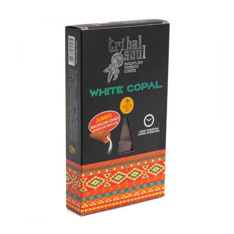 Tribal Soul White Copal Backflow Incense Cones – box of 10 resin-rich cones for spiritual purification and ritual use.

