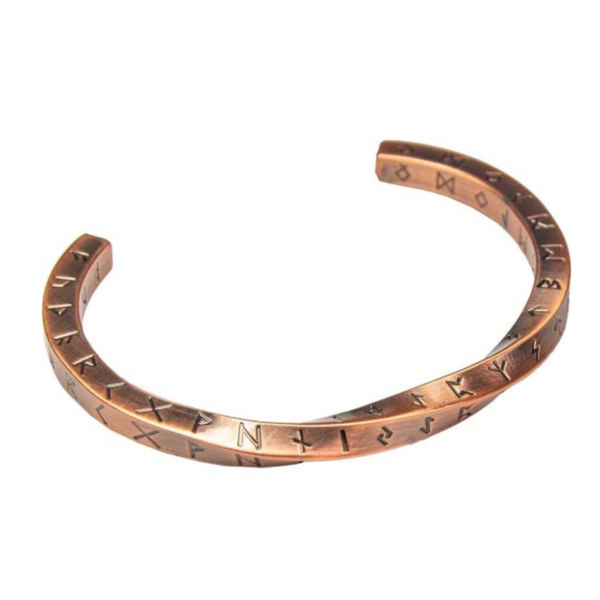 Twisted copper bracelet engraved with Nordic runes, representing ancient Viking protection and spiritual strength.