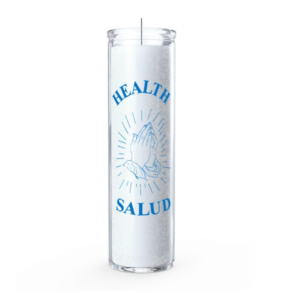 white 7-day Health ritual candle in a glass jar, styled with green aventurine and eucalyptus for spiritual wellness and energetic support.