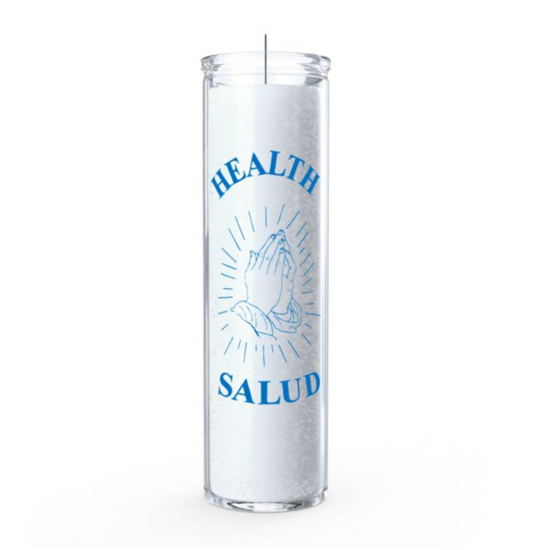 white 7-day Health ritual candle in a glass jar, styled with green aventurine and eucalyptus for spiritual wellness and energetic support.
