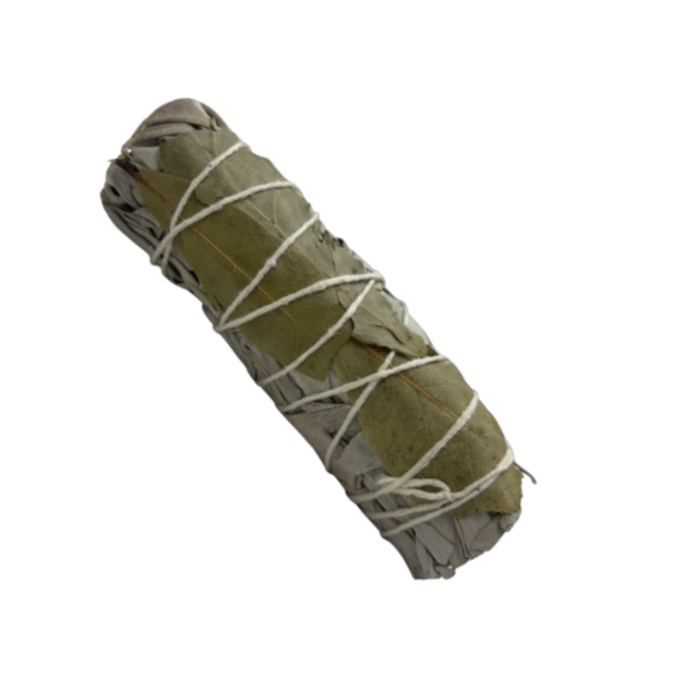 White Sage and Bay Leaf Smudge Stick for energy cleansing, protection, and intuitive clarity, hand-wrapped with natural white sage and bay leaves.

