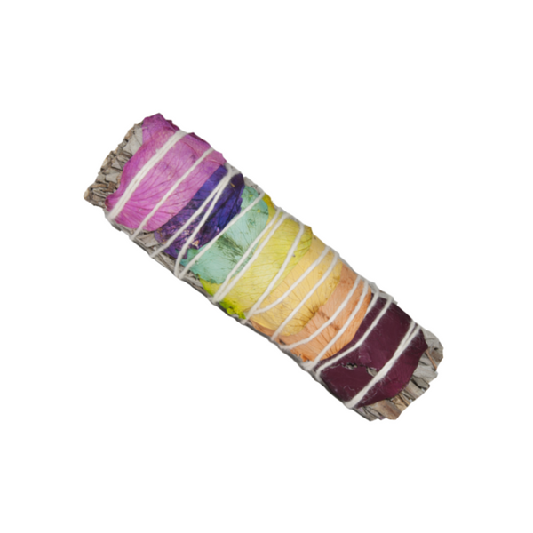 White Sage and 7 Chakra Rose Petals Smudge Stick—vibrantly wrapped with rose petals for chakra alignment and sacred energy cleansing.

