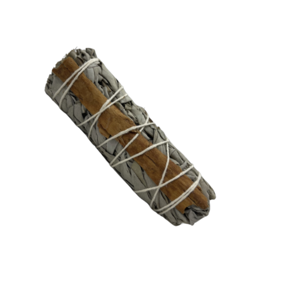 White Sage and Cinnamon Smudge Stick – bundled 4" smudge wand for purification, love, and energizing rituals.