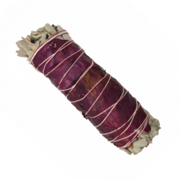 White Sage and Red Rose Smudge Stick—ethically bundled, combining cleansing sage with heart-opening rose petals for ritual and energetic clearing.

