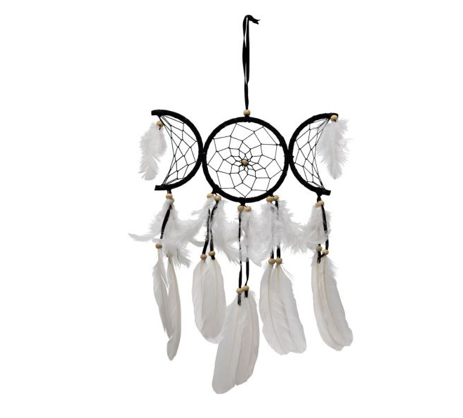 Black Triple Moon and White Feathers Dreamcatcher