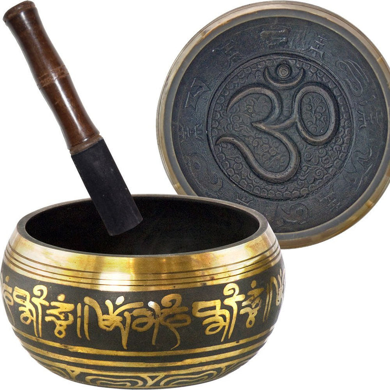 Embossed Singing Bowl Large Om Black and Gold | My Little Magic Shop
