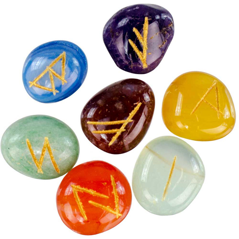 7 Chakra Gemstone Rune Set – 25-piece crystal rune set with Elder Futhark symbols, crafted from chakra-aligned gemstones for divination, energy healing, and intuitive insight.