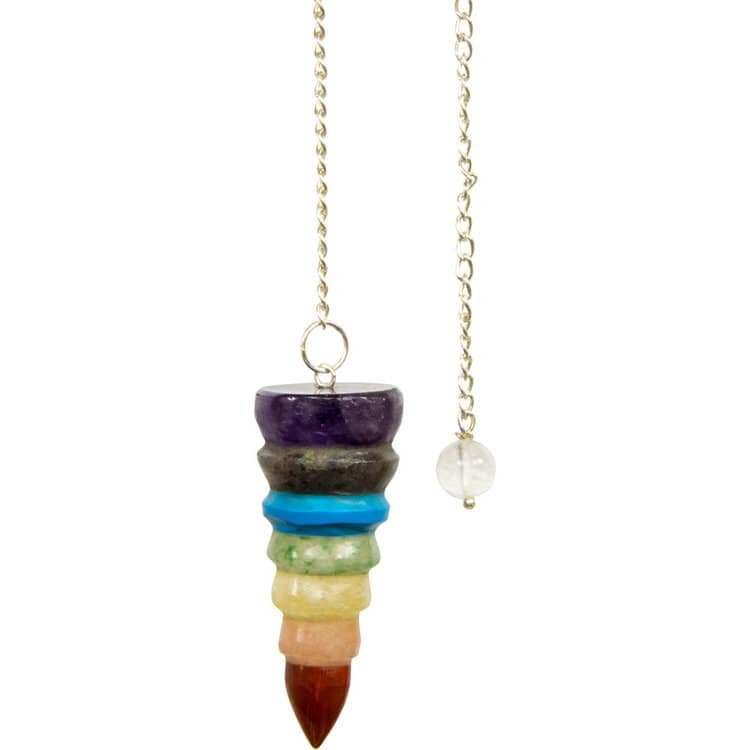 Chakras Carved Stone Pendulum – A divination and energy healing pendulum featuring chakra-colored stones and chain, designed for spiritual alignment and intuitive guidance.